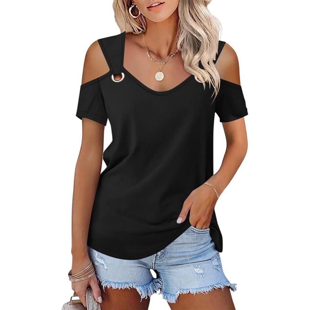 Women's Cold Shoulder Tops Short Sleeve V Neck T Shirts Casual Summer Tees